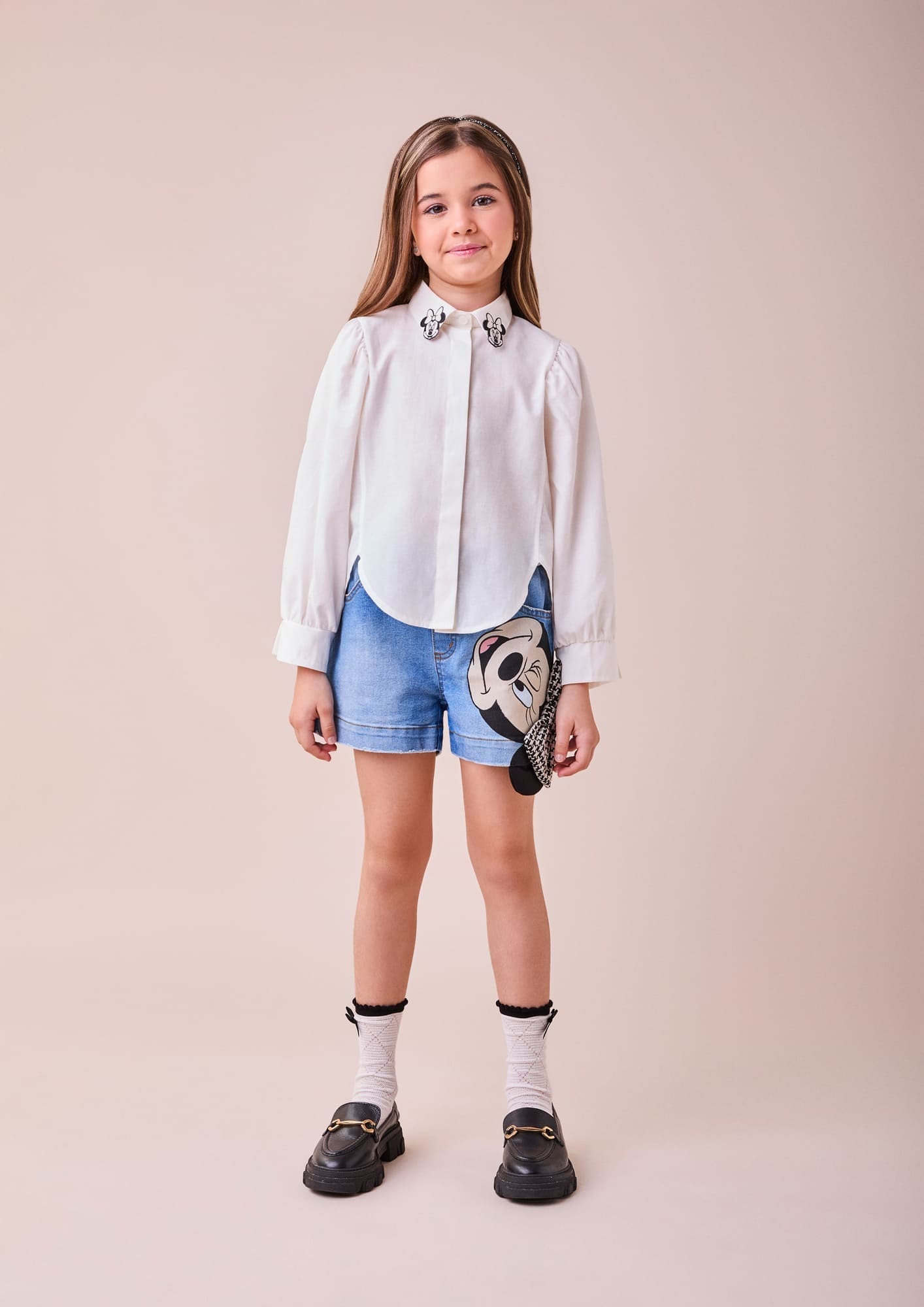 Shorts infantil Animê Jeans Minnie com Laço Disney