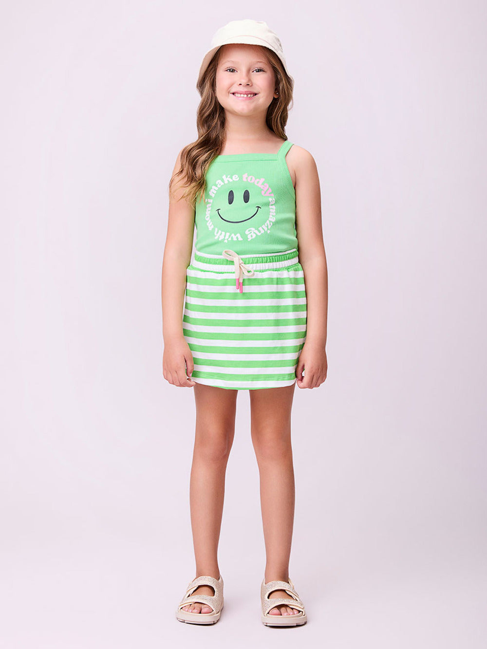 Conjunto Infantil Momi Verão Shorts Saia e Regata Verde Smile