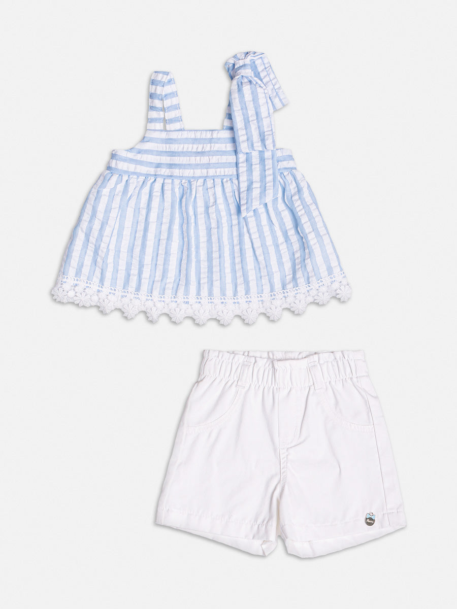 Conjunto Infantil Momi Verão Com Shorts e Blusa Azul Listrado Com Laço