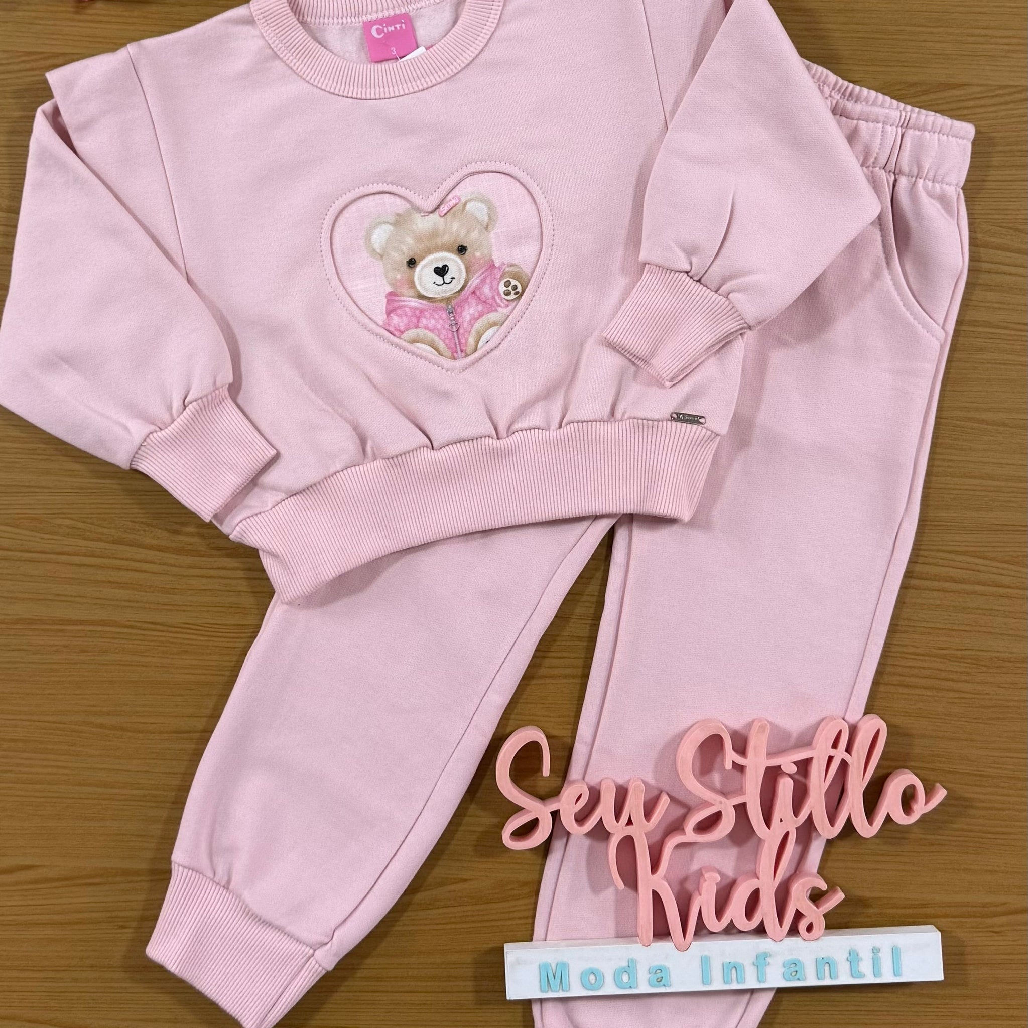 Conjunto Infantil Cinti Inverno Calça e Moletom Flanelado Rosa Ursinho Coração