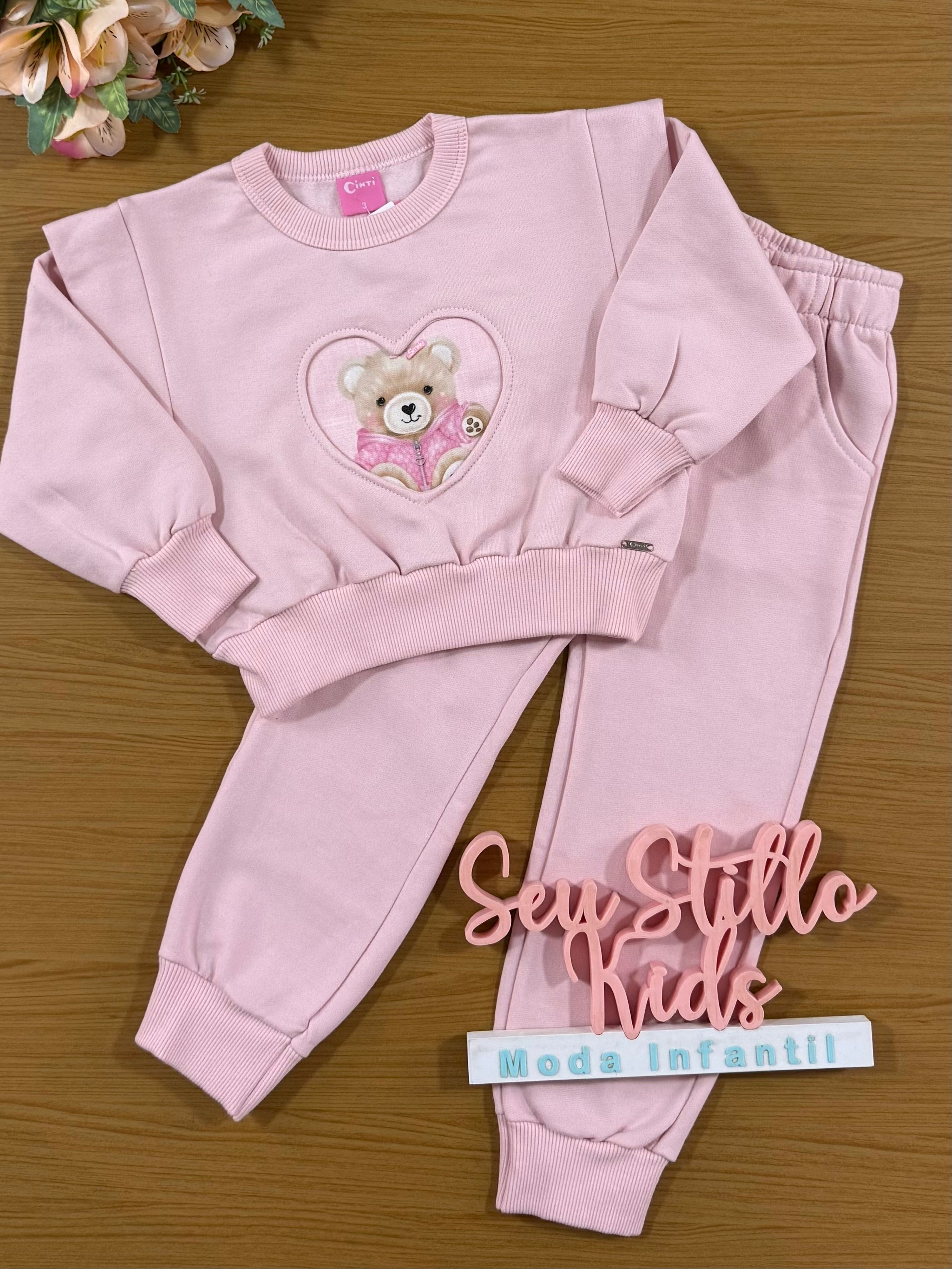 Conjunto Infantil Cinti Inverno Calça e Moletom Flanelado Rosa Ursinho Coração