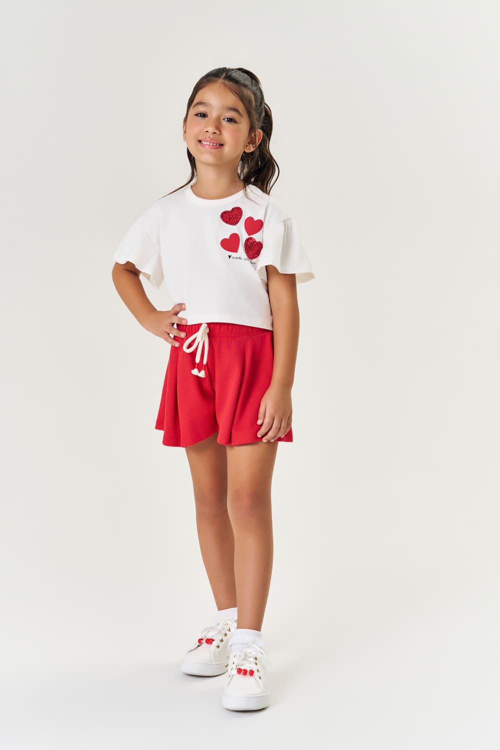 Conjunto Infantil Cinti Verão Shorts Vermelho e Blusa Corações