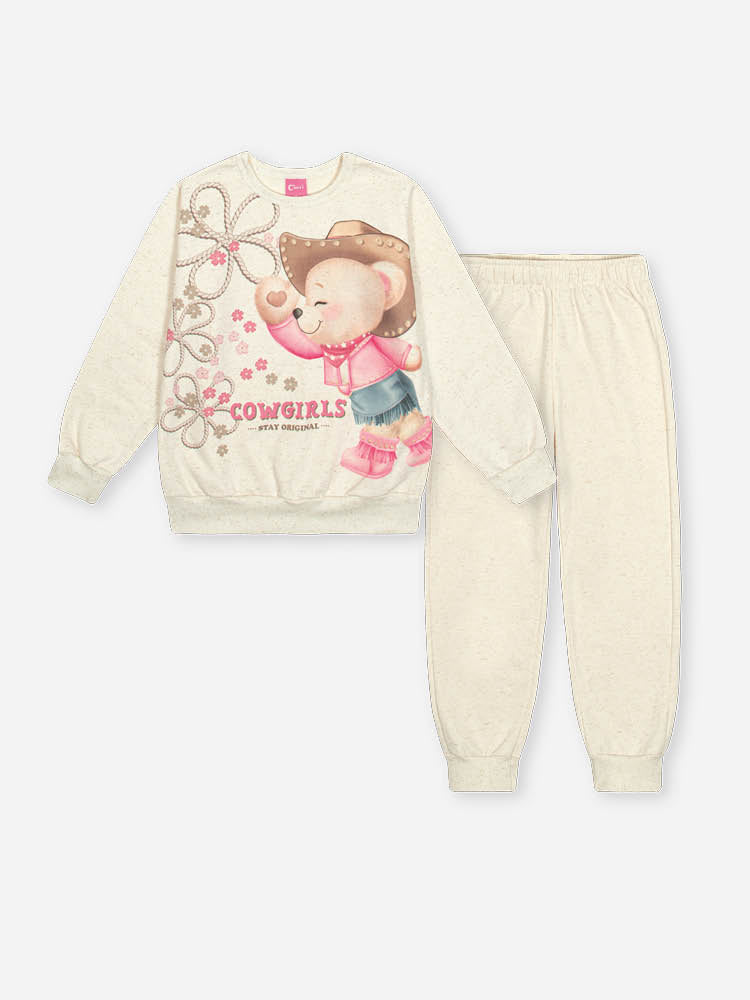 Conjunto Infantil Cinti Inverno com Calça e Moletom Flanelado Off White Ursinha Boiadeira