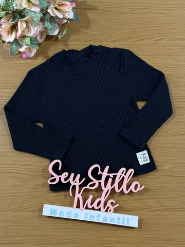 Blusa Infantil Cinti Inverno Manga Longa Canelada Preta