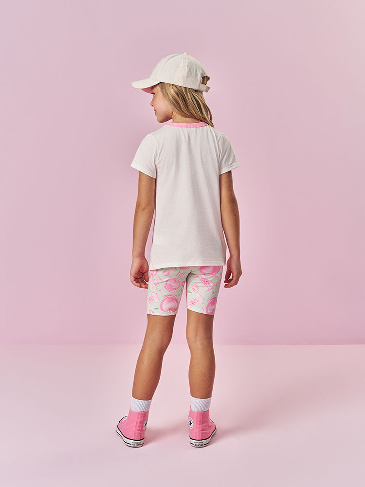 Conjunto Infantil Cinti Verão com Shorts Ciclista Verde e Blusa Branca Ursinha Believe