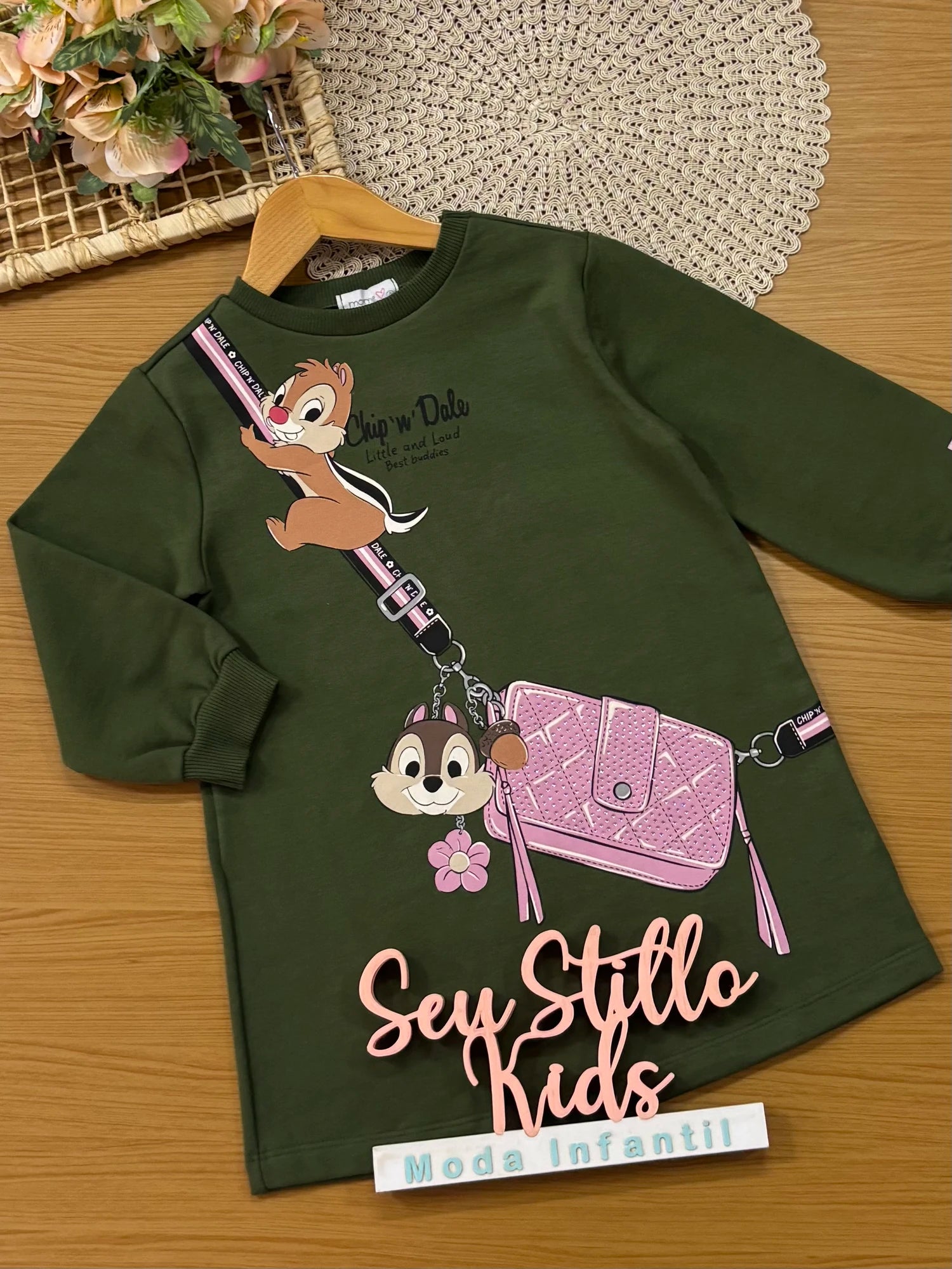 Vestido Infantil Momi Inverno Verde Tico e Teco Bolsinha 3D