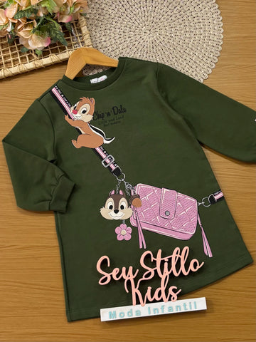 Vestido Infantil Momi Inverno Verde Tico e Teco Bolsinha 3D