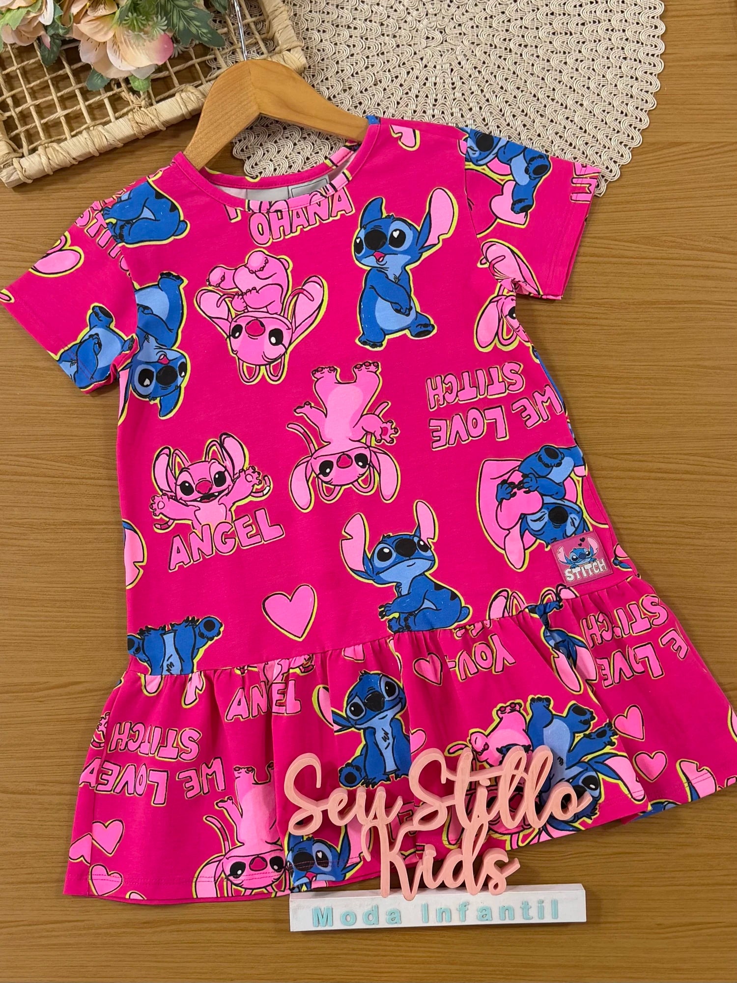 Vestido Infantil Bimbi Inverno Rosa Stitch e Angel Estampado Disney