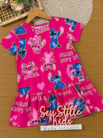 Vestido Infantil Bimbi Inverno Rosa Stitch e Angel Estampado Disney