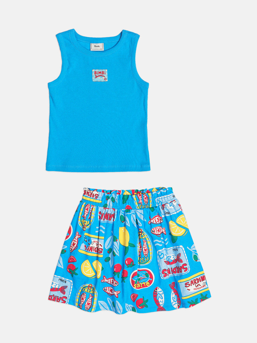 Conjunto Infantil Menina Bimbi com Saia e Blusa Azul Sardinha