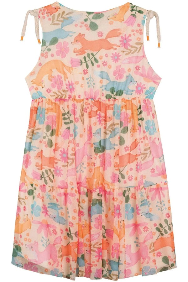 Vestido Infantil Kukiê Verão em Tule Laranja Raposas Floral