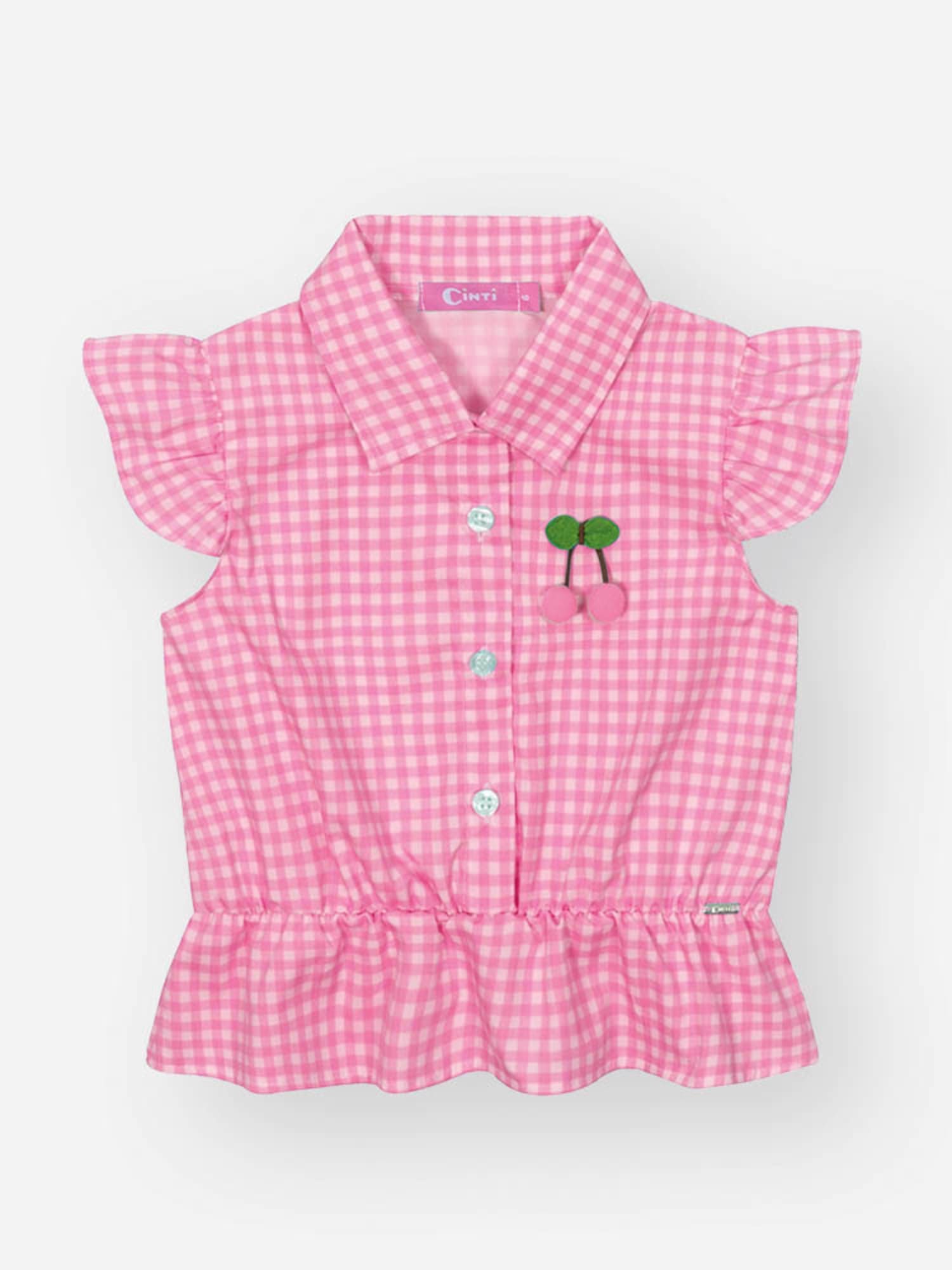 Conjunto Infantil Cinti Verão com Shorts e Blusa Rosa Xadrez Cereja
