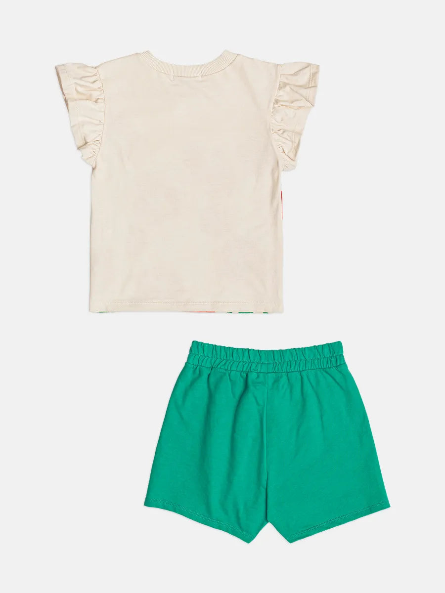Conjunto Infantil Menina Bimbi Shorts Saia Verde e Blusa Bege Jardim