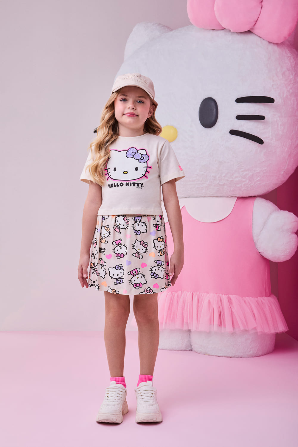 Conjunto Infantil Momi Verão Saia e Blusa Bege Hello Kitty