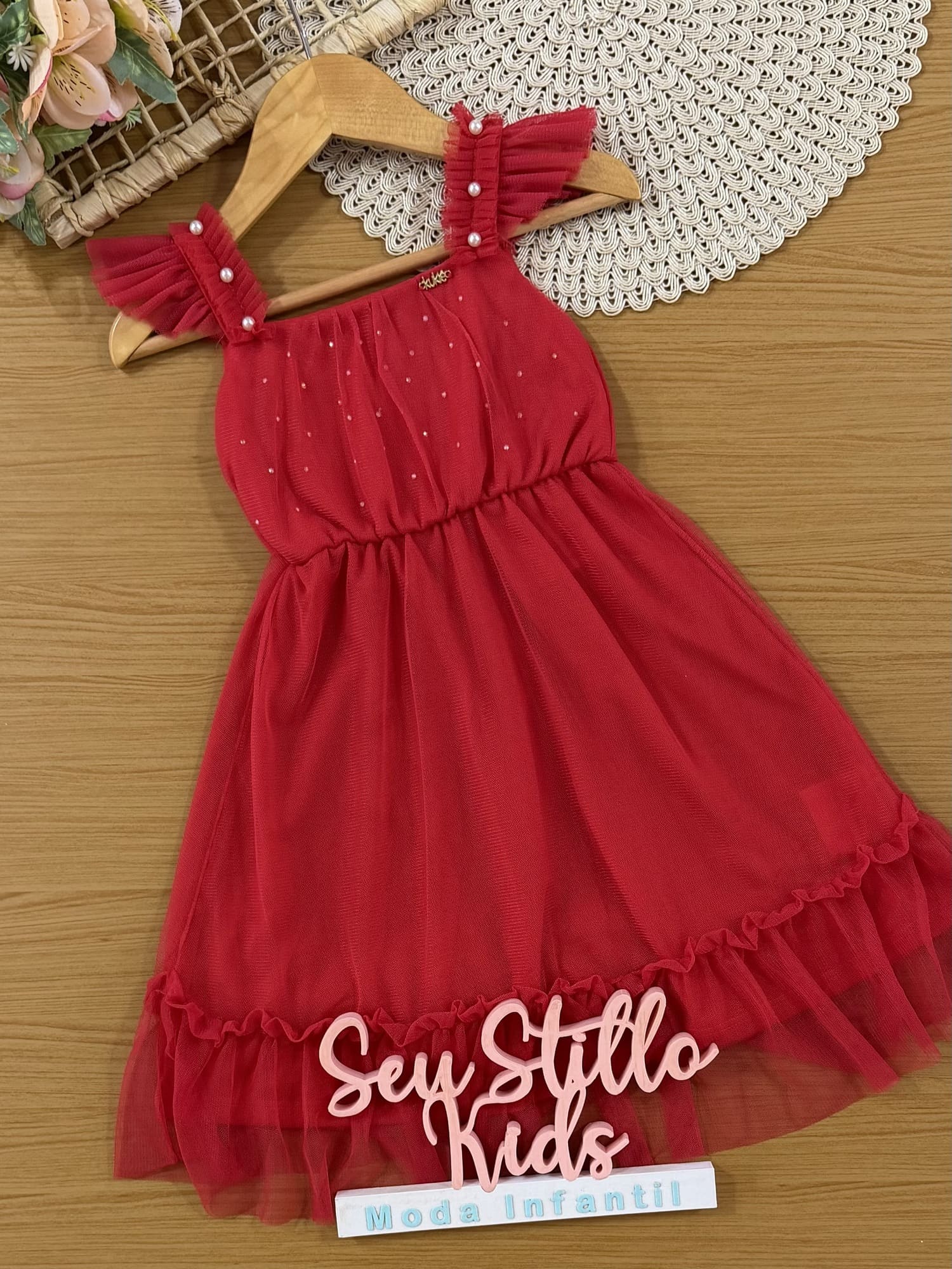 Vestido Infantil Kukiê Verão Vermelho com Tule e Strass