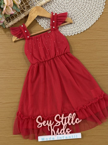 Vestido Infantil Kukiê Verão Vermelho com Tule e Strass