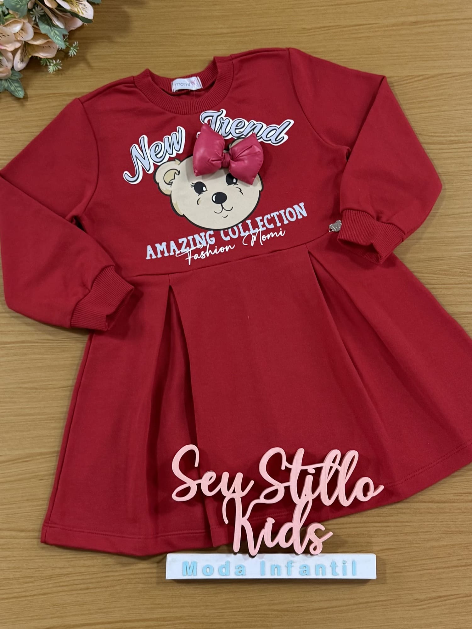 Vestido Infantil Momi Inverno Vermelho Urso Laço