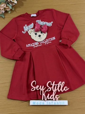 Vestido Infantil Momi Inverno Vermelho Urso Laço
