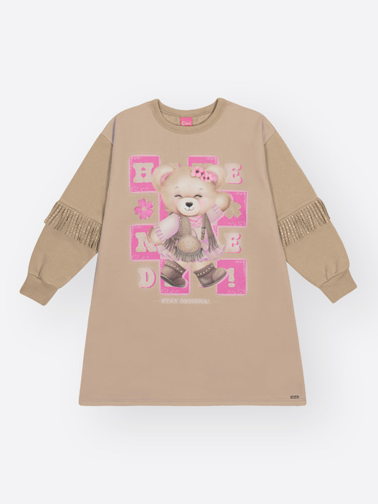 Vestido Infantil Cinti Inverno Flanelado Bege Ursinha Fashion