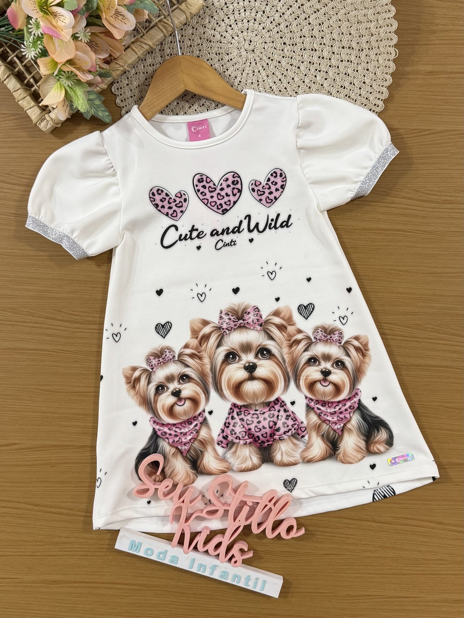 Vestido Infantil Cinti Verão Branco Cachorrinhas