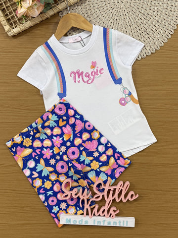 Conjunto Infantil Kukiê Verão com Shorts Ciclista Azul e Blusa Branca Ursinha Magic
