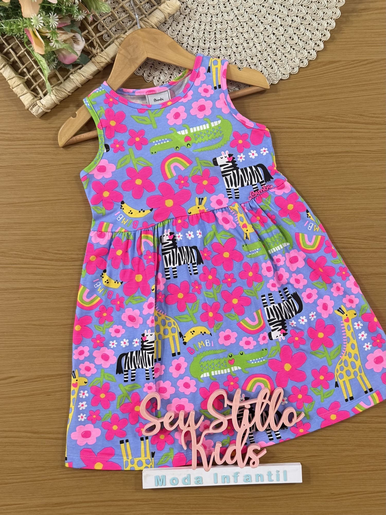 Vestido Infantil Bimbi Verão Azul Animais Floral