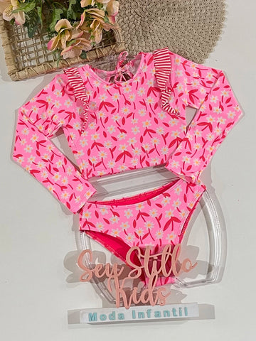 Biquíni Infantil Siri Kids Cropped Manga Longa Rosa Talita Bela 43218