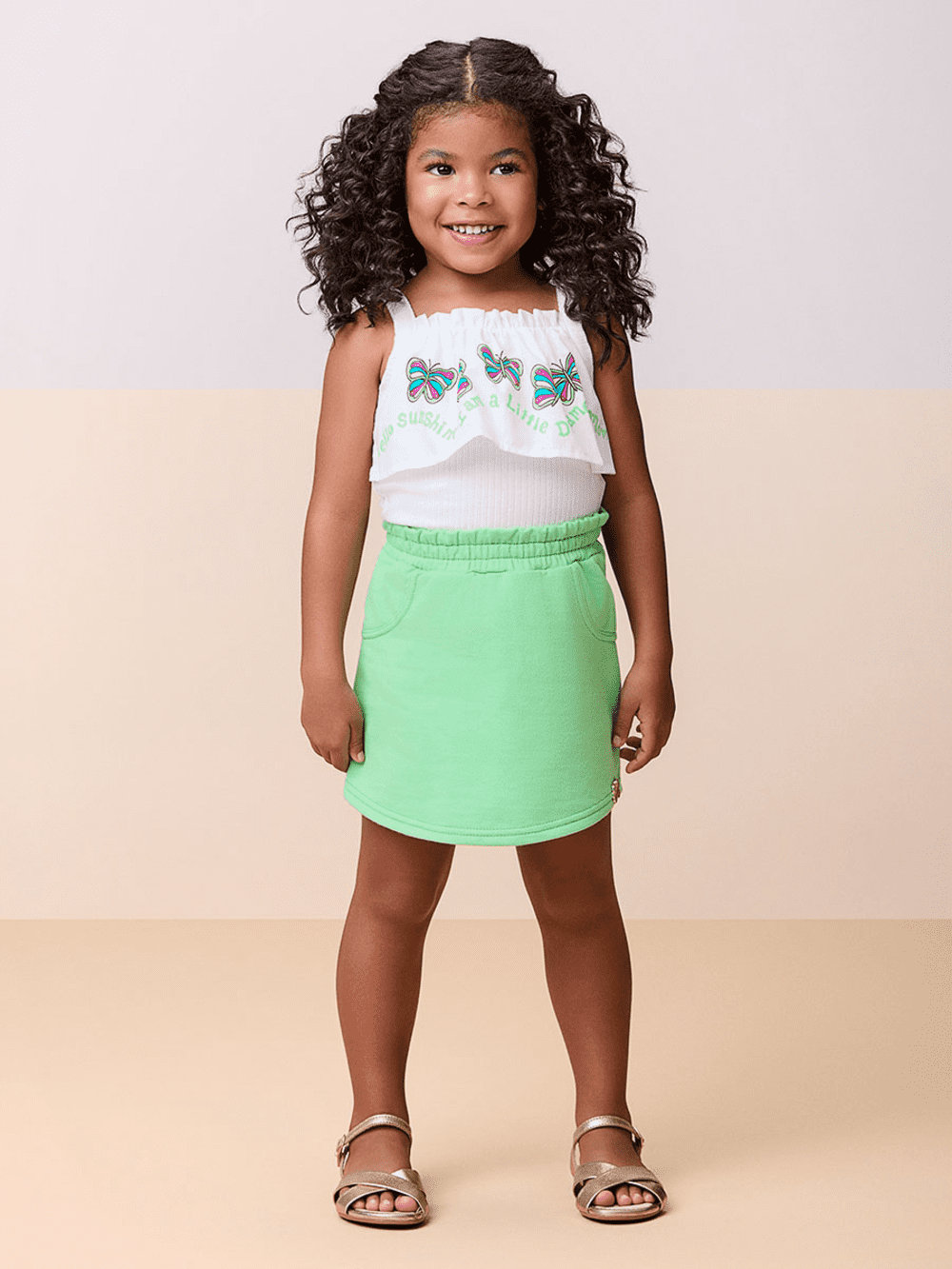 Conjunto Infantil Momi Verão Shorts Saia Verde e Blusa Regata Borboleta
