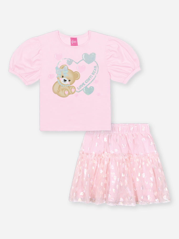 Conjunto Infantil Cinti Verão com Saia em Tule e Blusa Rosa Ursinha Love