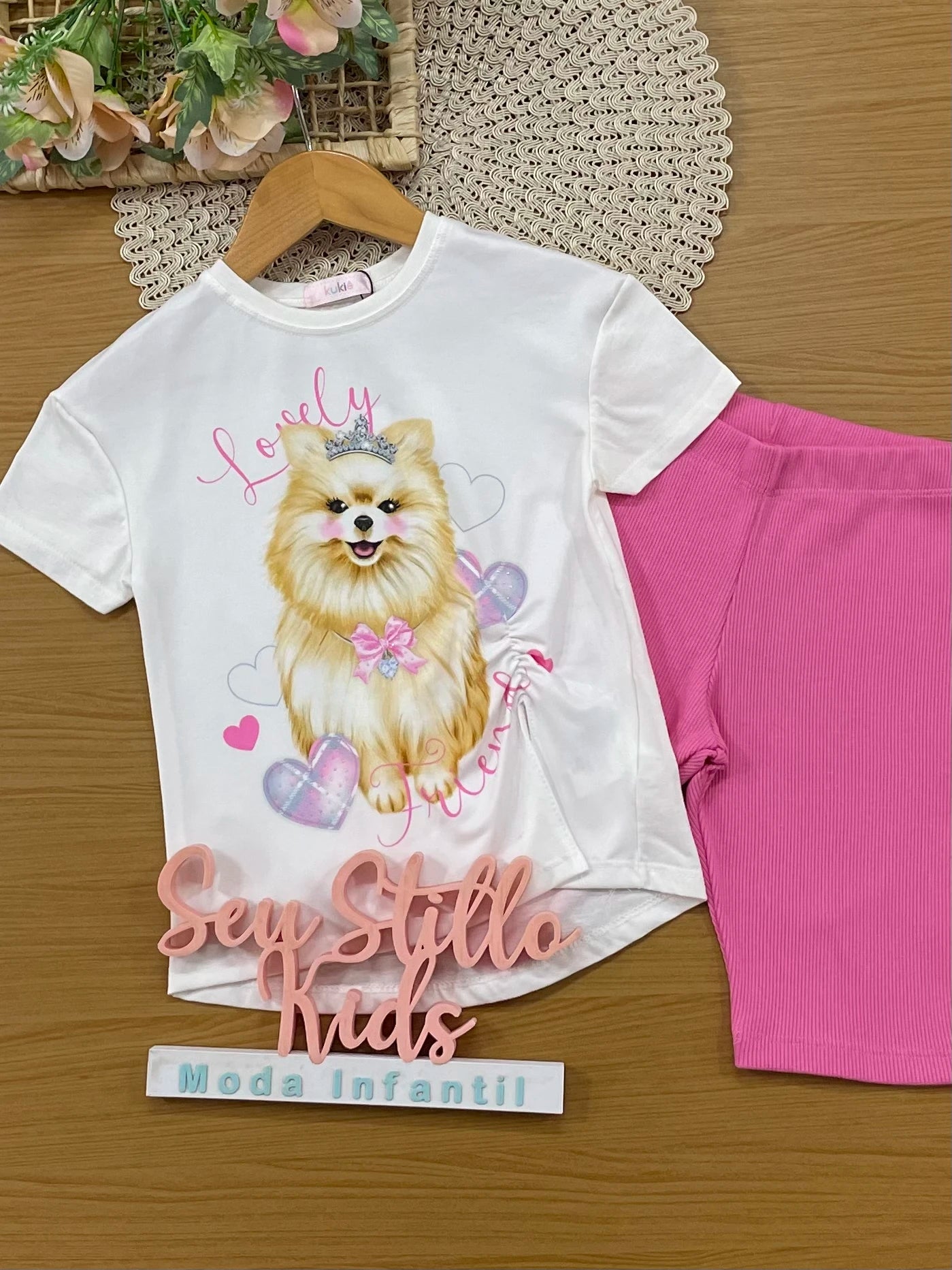 Conjunto Infantil Kukiê com Shorts Ciclista Rosa e Blusa Manga Curta Cachorrinha