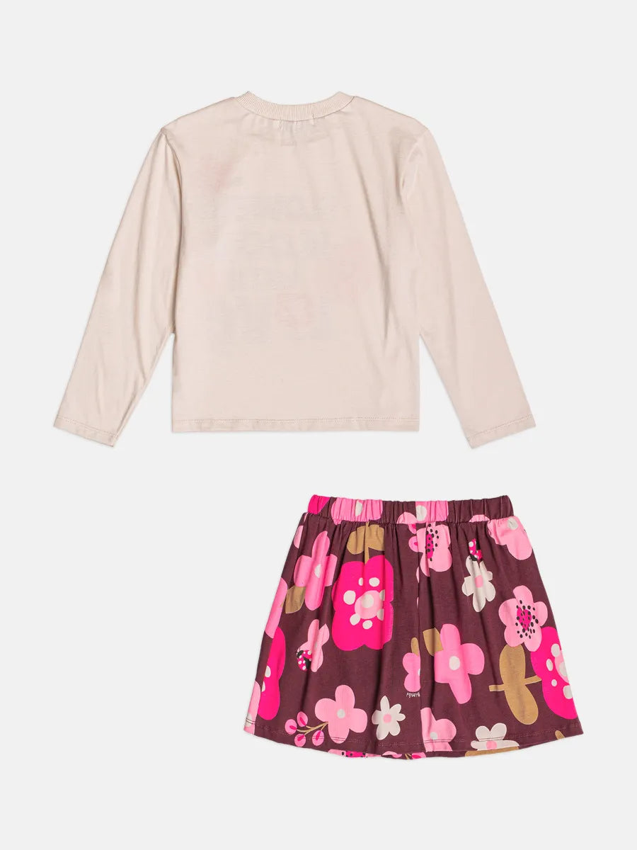 Conjunto Infantil Bimbi Inverno com Saia e Blusa Bege Flowers