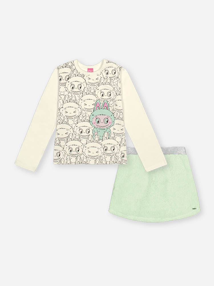 Conjunto Infantil Cinti Inverno com Shorts Saia Verde e Blusa Manga Longa Branca Labubu