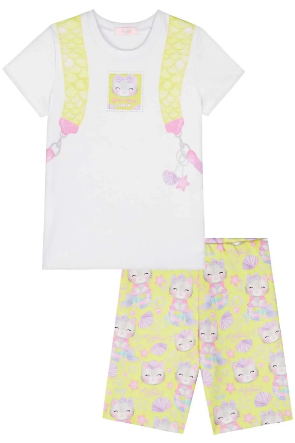 Conjunto Infantil Kukiê Verão com Shorts Ciclista Amarelo e Blusa Branca Gatinha Mochilinha