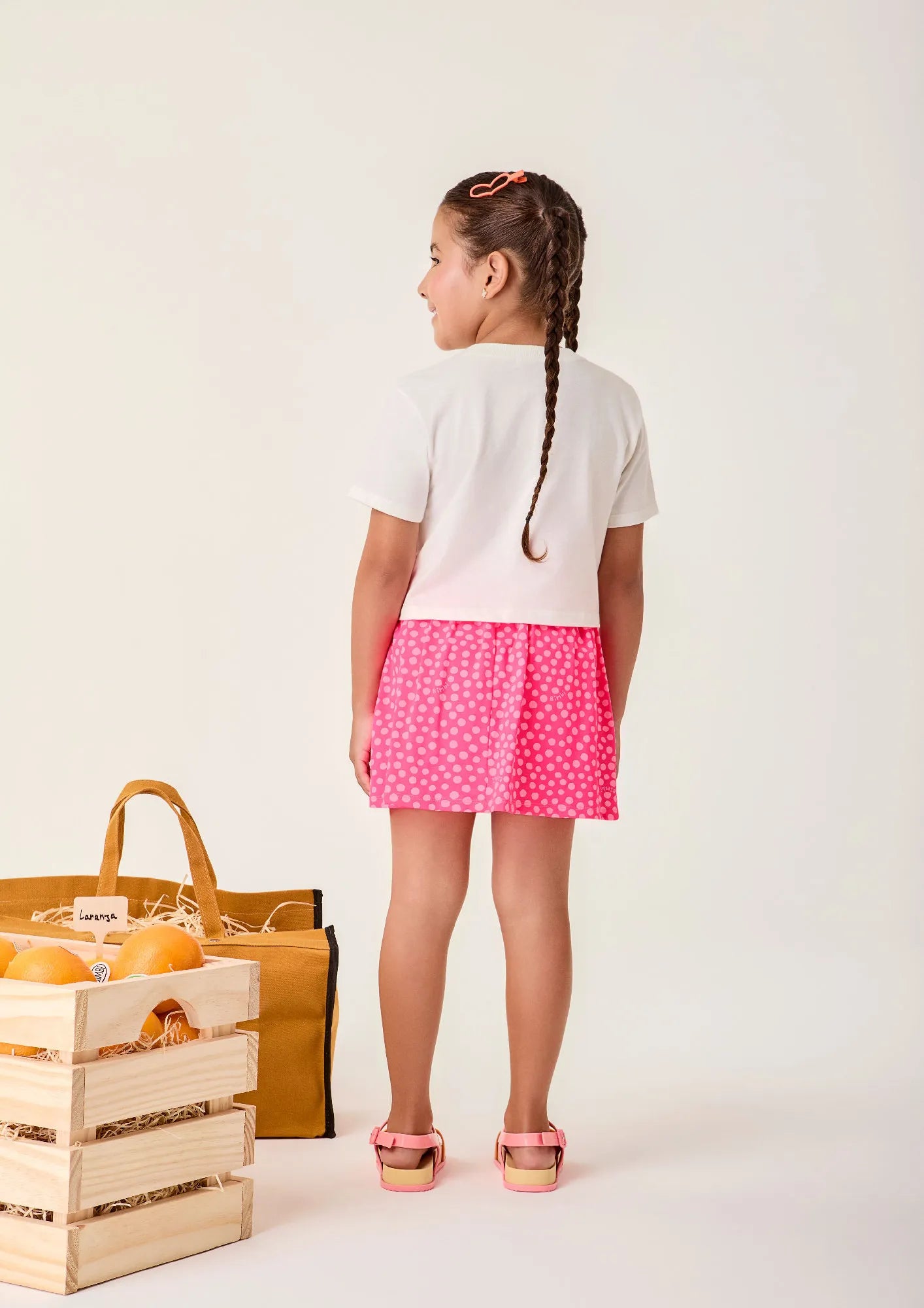 Conjunto Infantil Menina Bimbi com Saia Rosa e Blusa Branca Cestinha