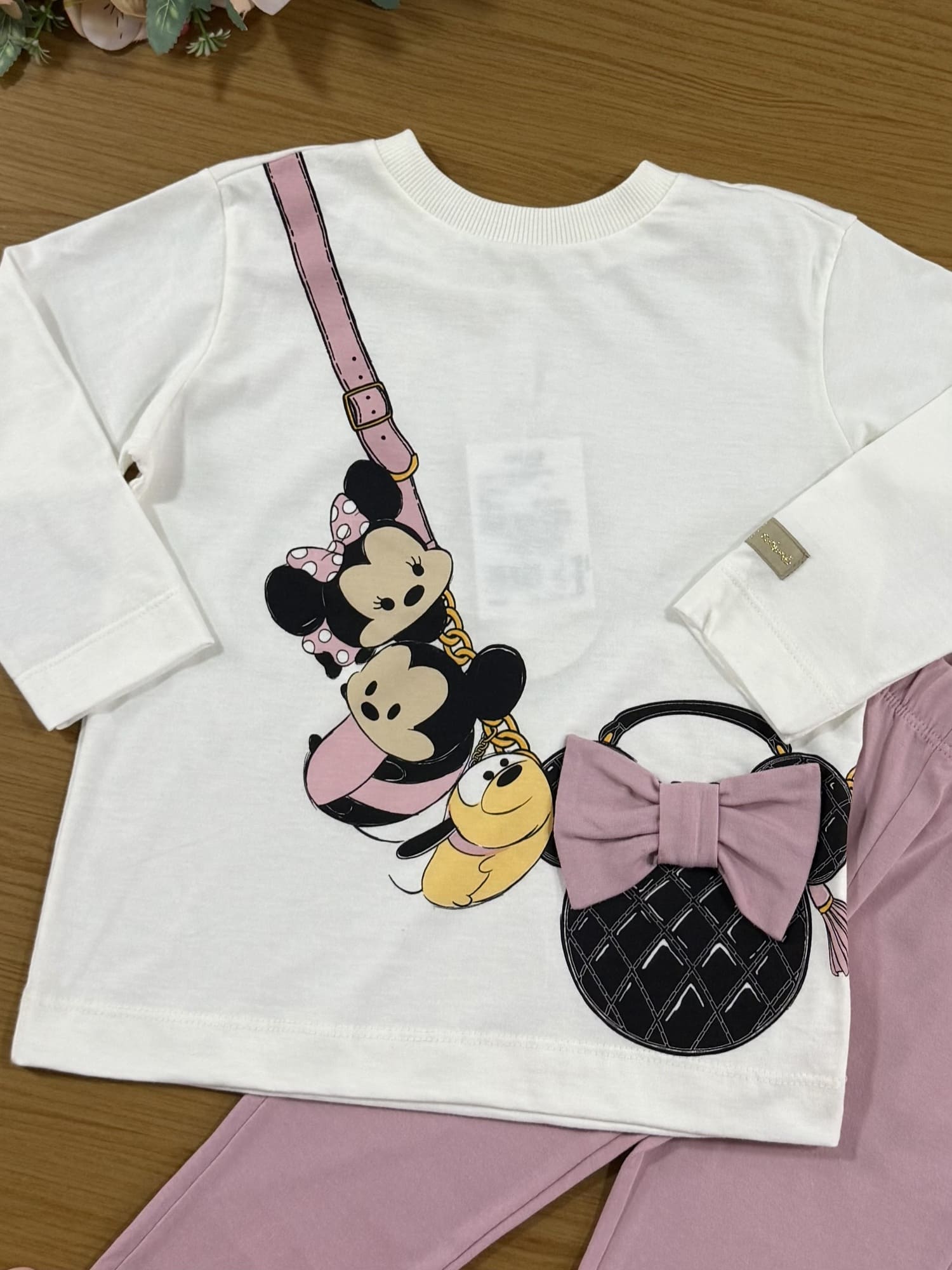 Conjunto Infantil Animê Inverno com Legging Rosa e Blusa Manga Longa Minnie Bolsinha Disney