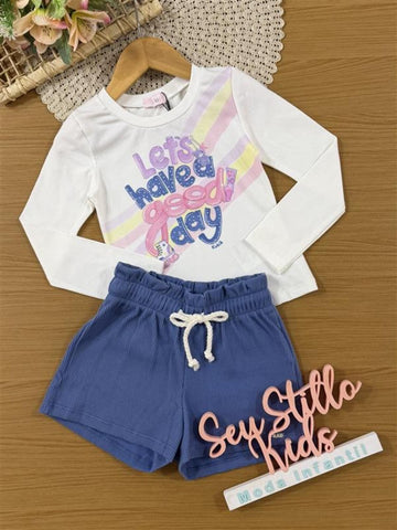 Conjunto Infantil Kukiê Inverno com Shorts Azul e Blusa Manga Longa Good Day