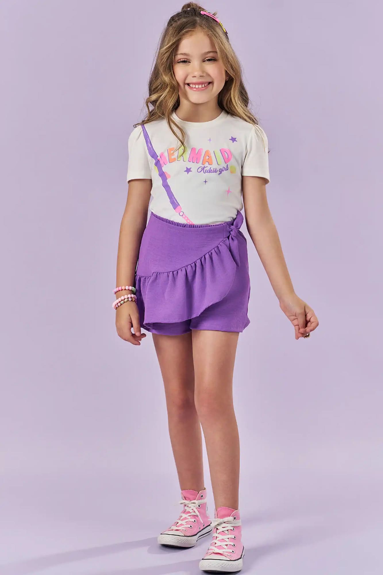 Conjunto Infantil Kukiê Verão com Short-Saia Roxo e Blusa Branca Mermaid