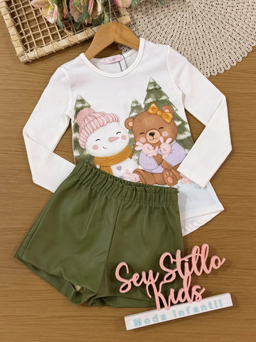 Conjunto Infantil Kukiê com Shorts Verde e Blusa Manga Longa Ursinha Ice