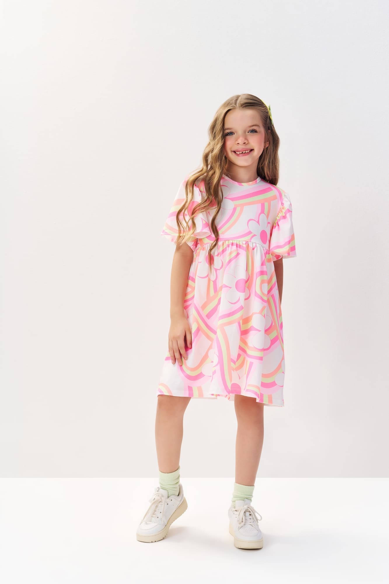 Vestido Infantil Cinti Verão Branco Arco-íris Floral
