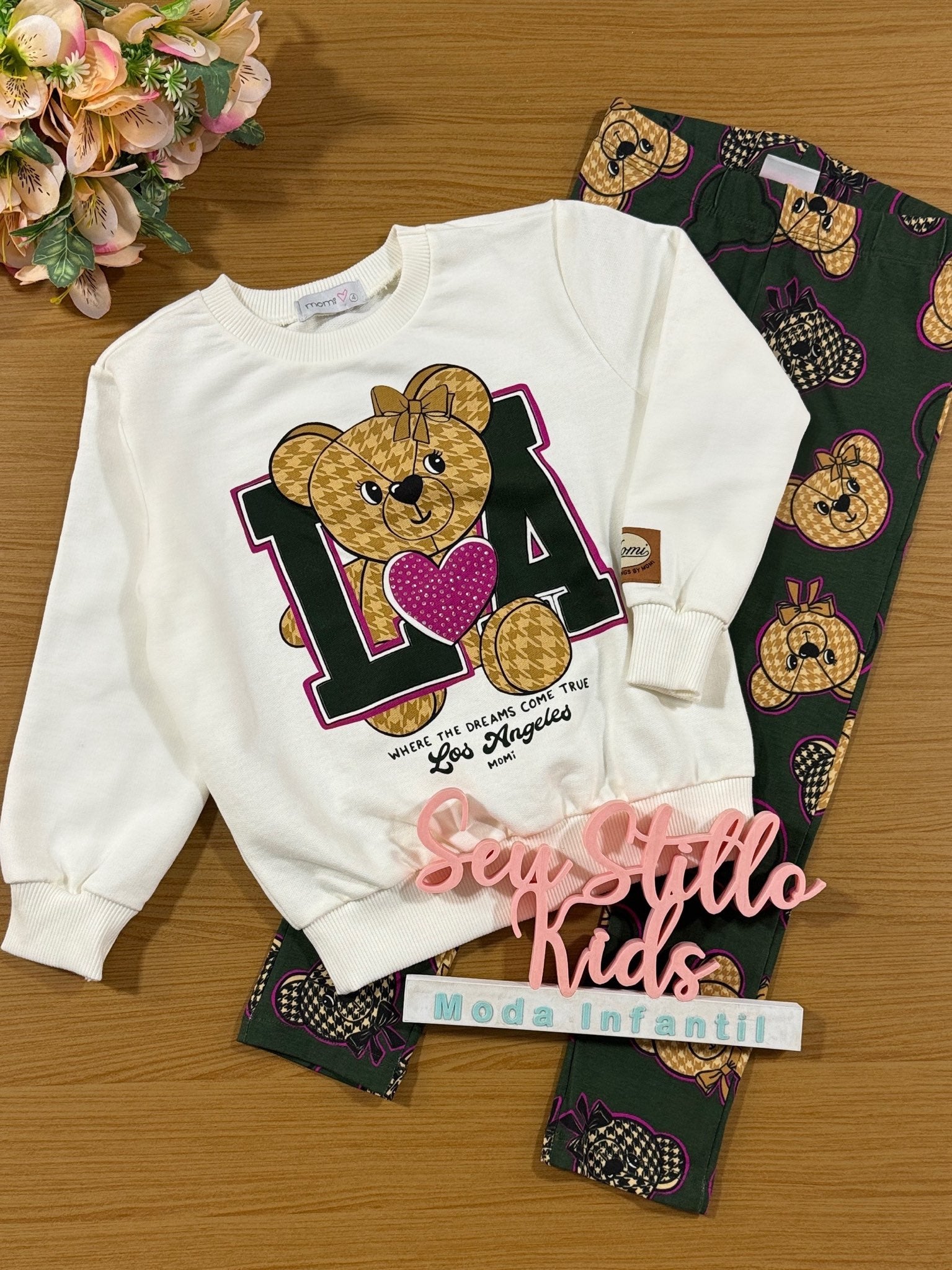 Conjunto Infantil Momi Inverno Calça Verde e Moletom Sem Flanela Ursinho