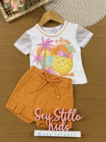 Conjunto Infantil Kukiê Verão com Shorts Saia Laranja e Blusa Branca Tropical
