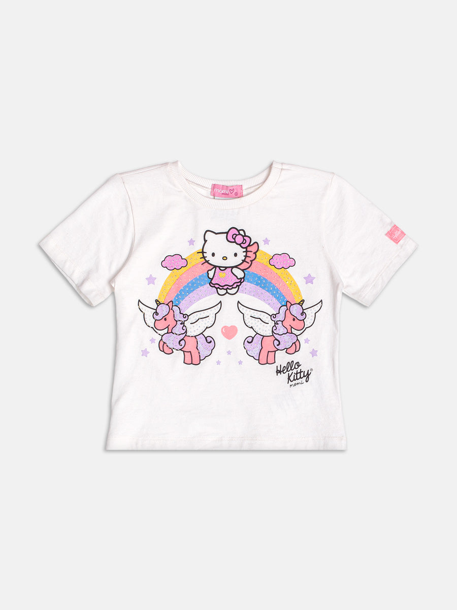 Blusa Infantil Momi Verão Branca Hello Kitty Arco-íris