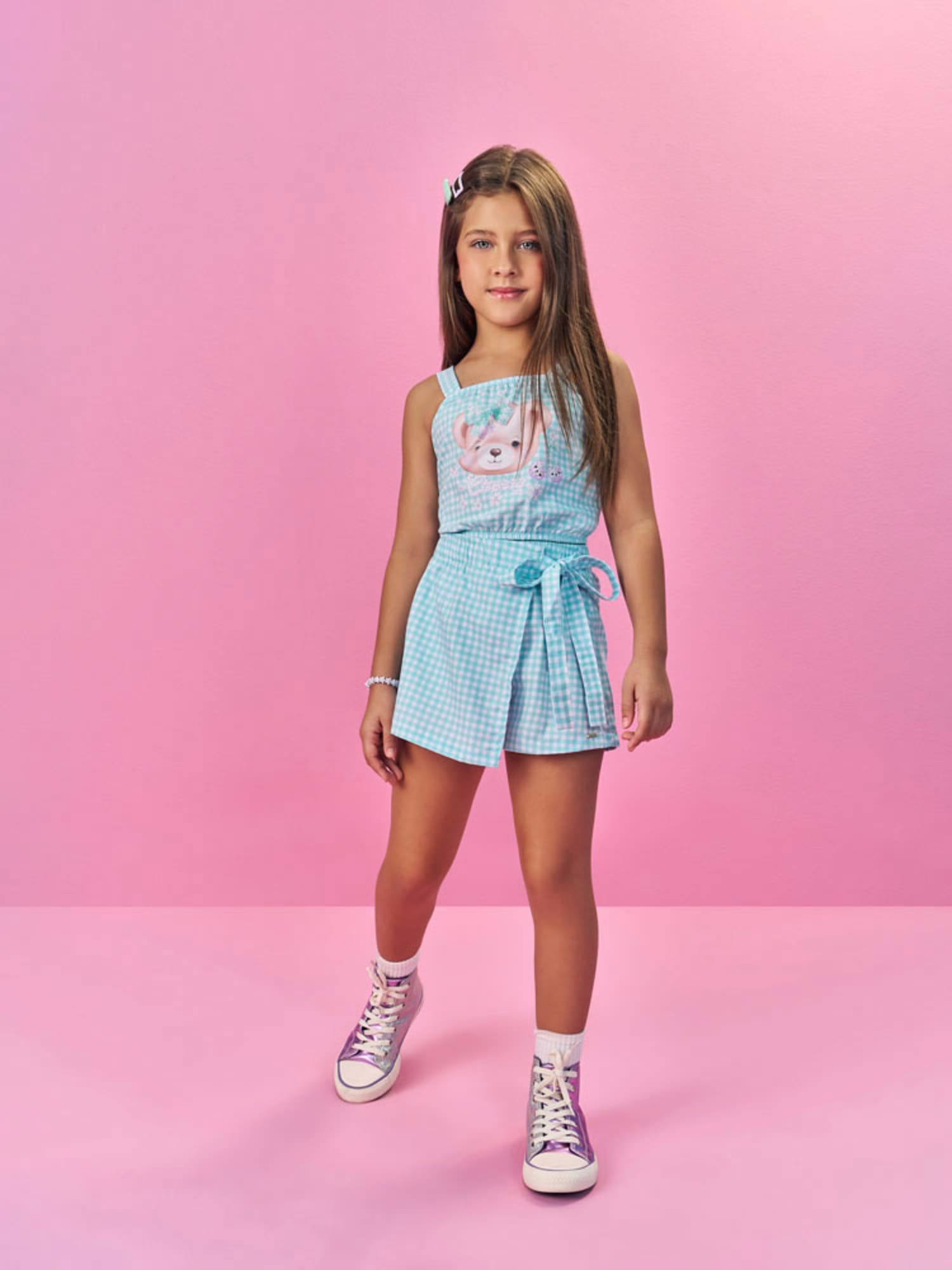 Conjunto Infantil Cinti Verão com Shorts Saia e Cropped Xadrez Azul Ursinha