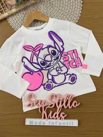 Blusa Infantil Bimbi Inverno Manga Longa Branca Stitch com Strass