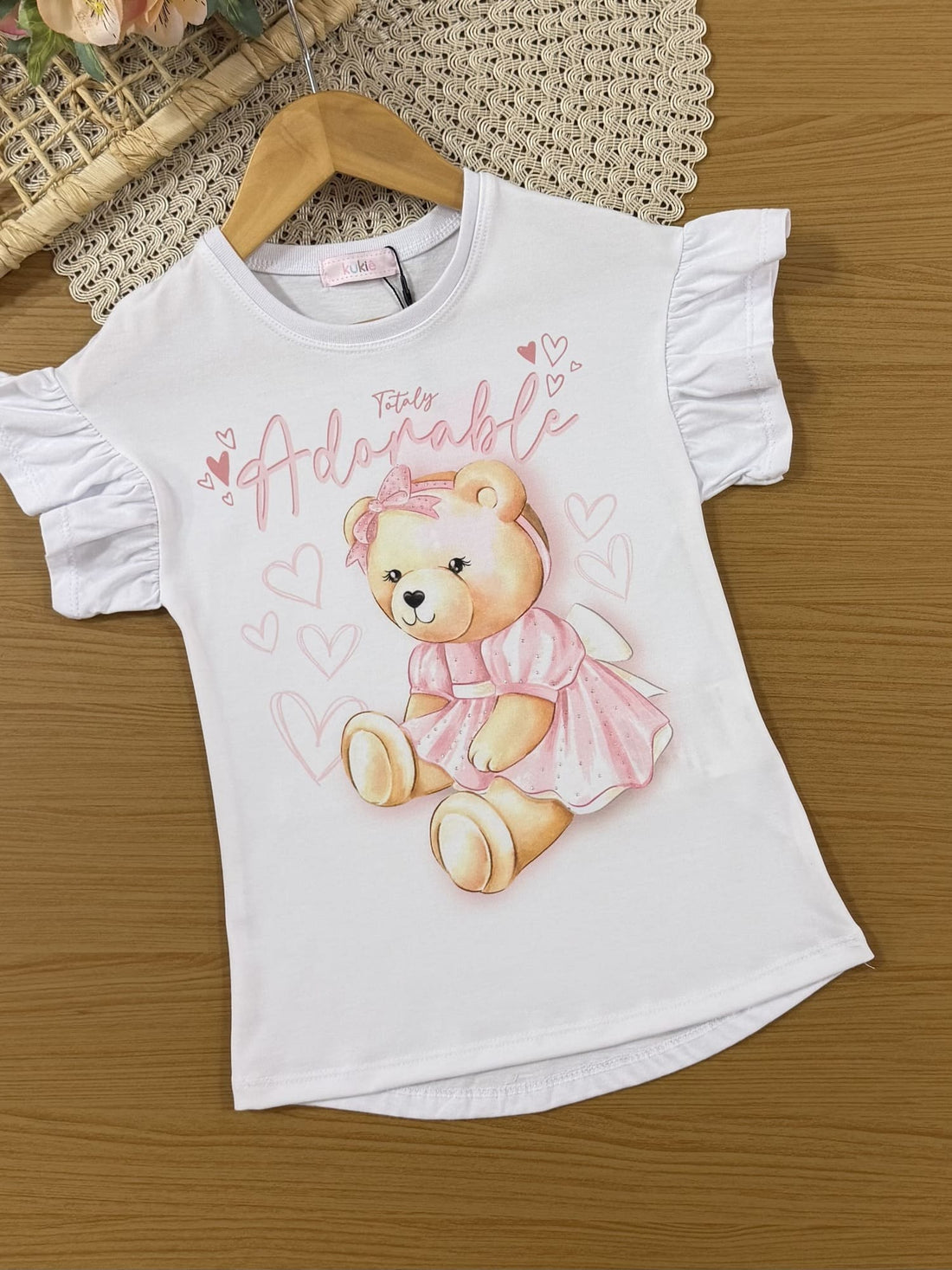 Conjunto Infantil Kukiê com Shorts Rosa e Blusa Ursinha Lacinho
