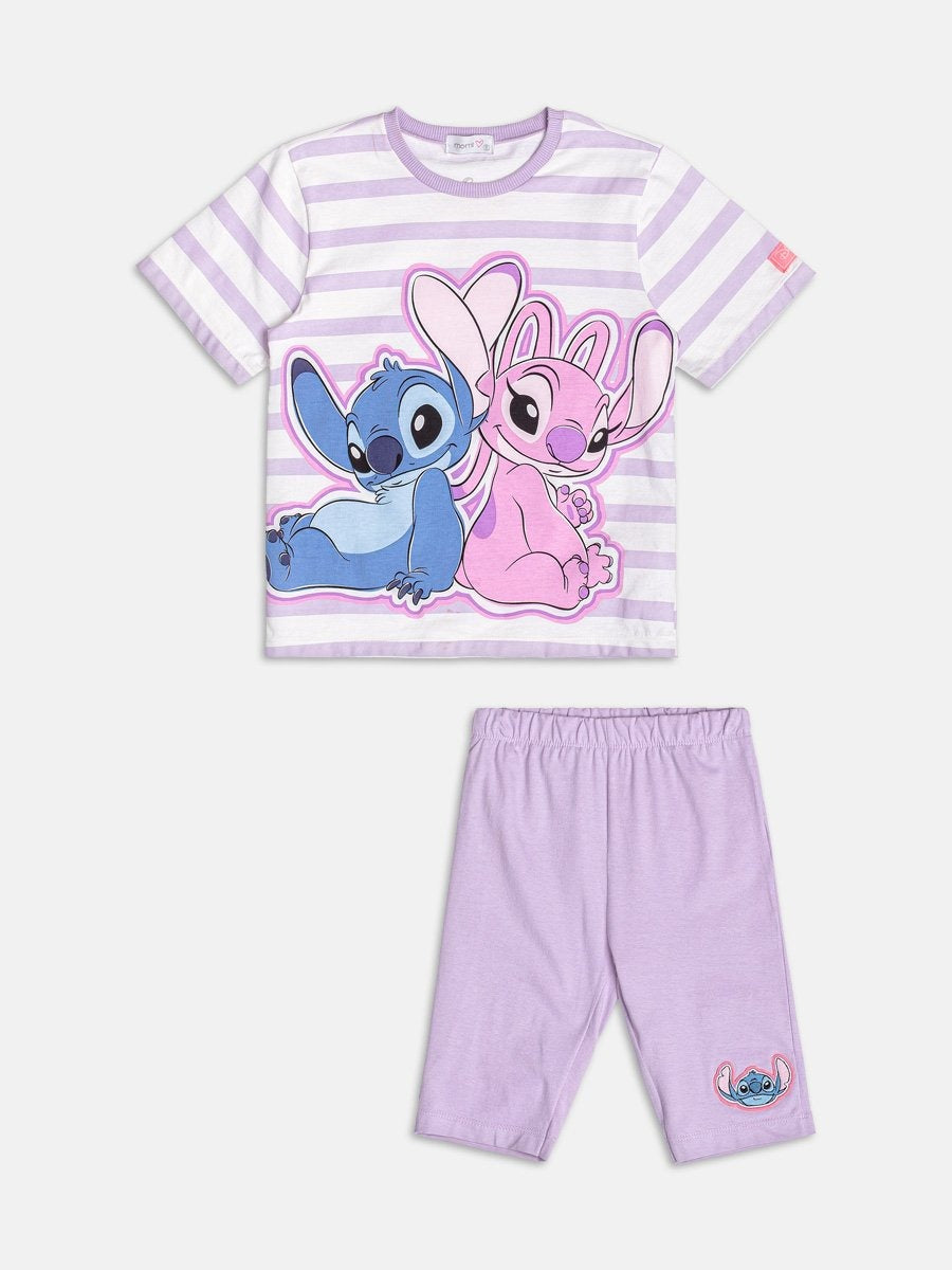 Conjunto Infantil Momi Verão com Shorts Ciclista Lilás e Blusa Listrada Angel e Stitch Disney