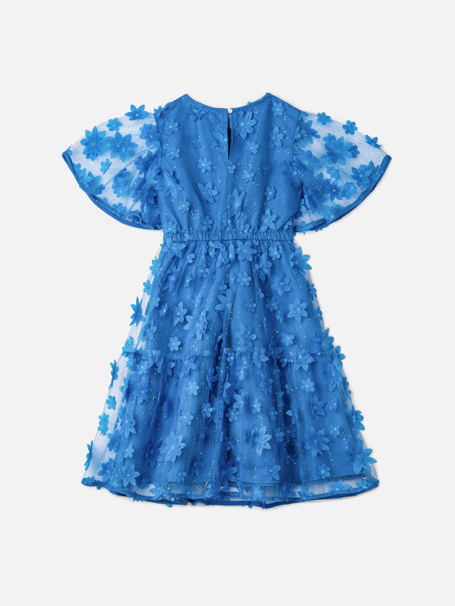 Vestido Infantil Animê Verão Azul Flores 3D