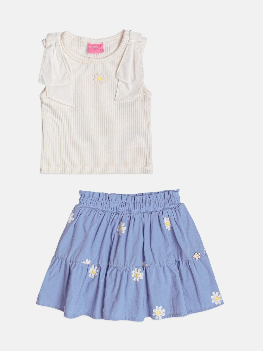 Conjunto Infantil Menina Momi com Saia Azul e Regata Florzinha