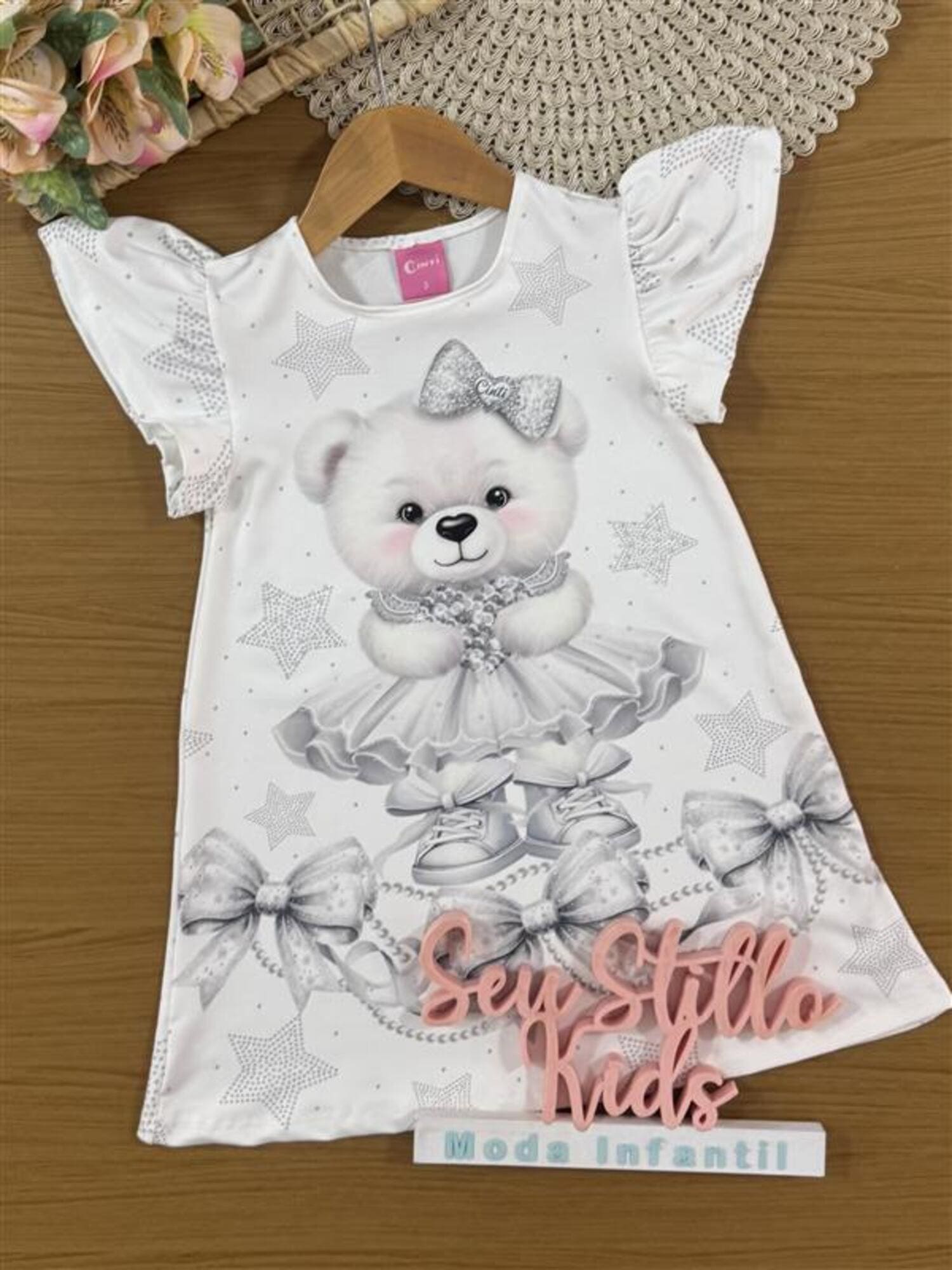 Vestido Infantil Cinti Verão Branco Ursinha Estrelinha