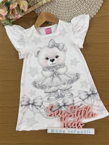 Vestido Infantil Cinti Verão Branco Ursinha Estrelinha